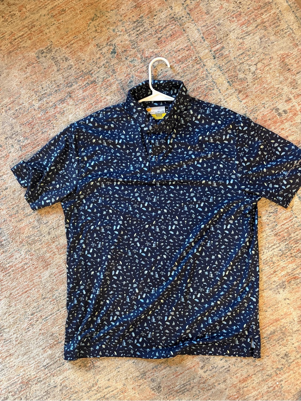 Men's Navy Short-Sleeve Polo with Light Blue Micro Print
